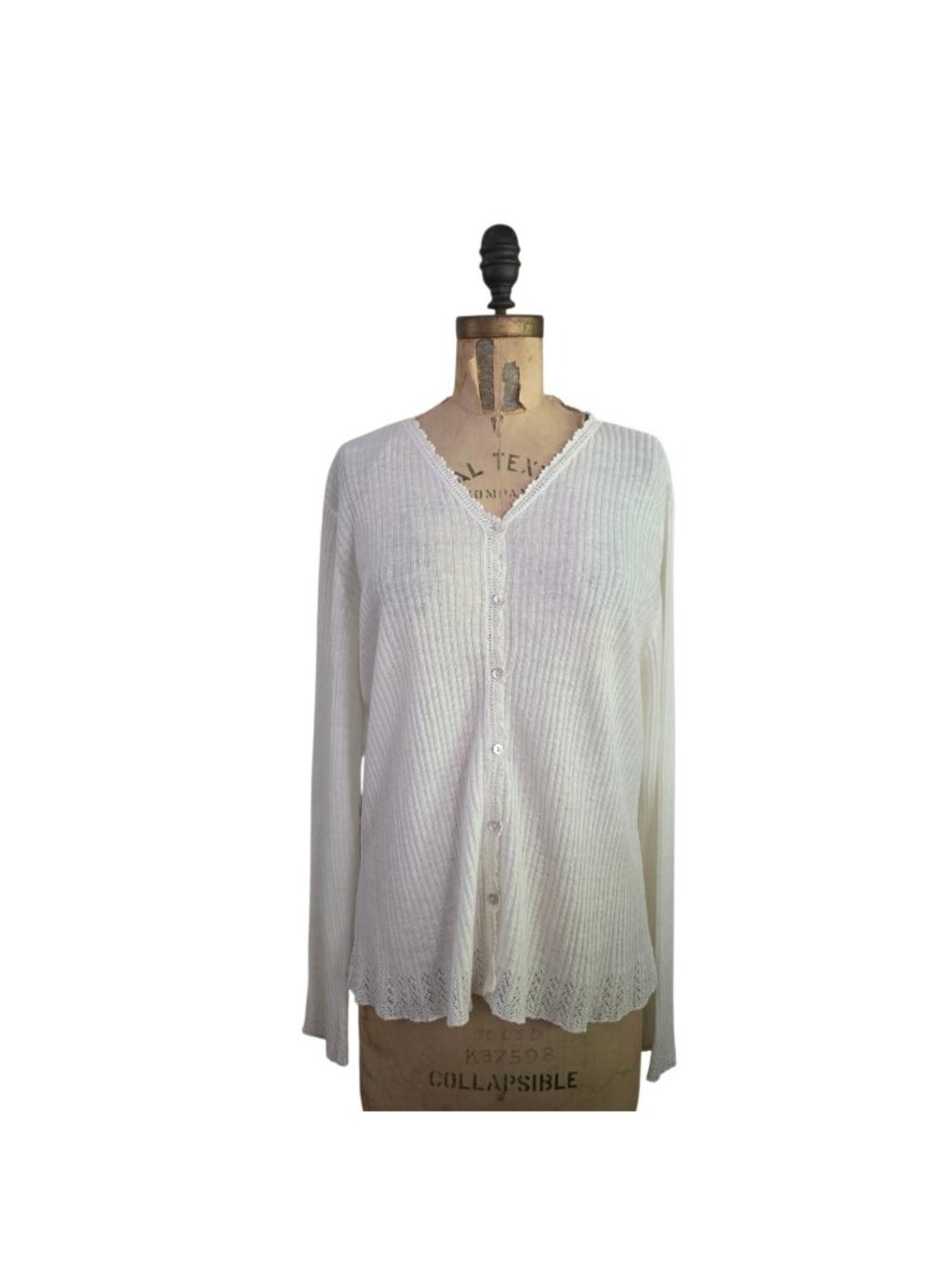 Charter Club Pointelle Knit Ribbed Linen Cardigan Sweater Ivory L NWT